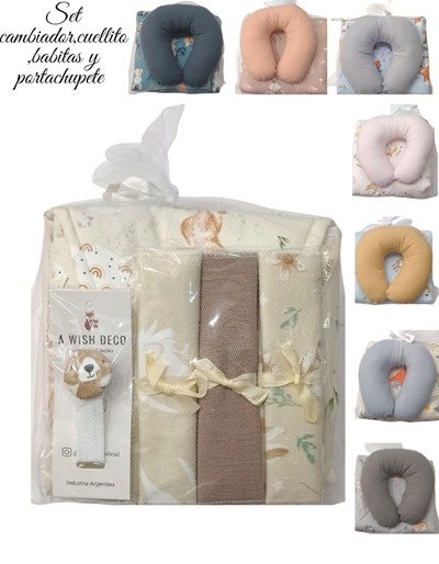 SET 4 PIEZAS 'NACIMIENTO' EN TUL: CAMBIADOR + CUELLITO + PACK BABITAS + PORTACHUPETES. COLORES: UNISEX-NENA-VARON. AMERICA