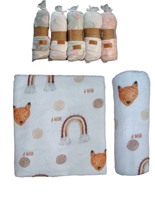 MANTA MICROPOLAR PRESENTADATUL ENVOLTORIO. MEDIDAS: 100CM X 75CM. ESTAMPAS SURTIDAS VARON, NENA, UNISEX.