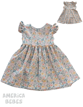 A100 15B VESTIDO PARA BEBA CON VOLADOS EN HOMBROS FONDO BLANCO ESTAMPADO FLORES DE COLORES TYG