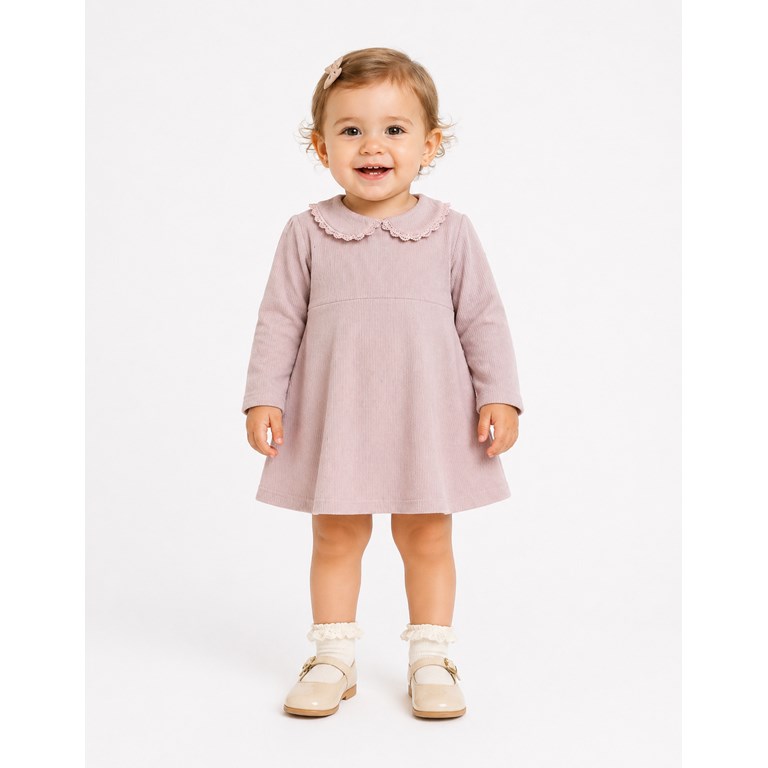 Vestido rosa plush acanalado con puntilla en el cuello .Labendel