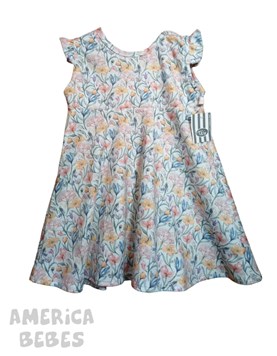 A109 VESTIDO PARA BEBA JERSEY CON MANGUITAS Y VOLADOS FONDO BLANCO CON ESTAMPA LIBERTY DE COLORES TYG