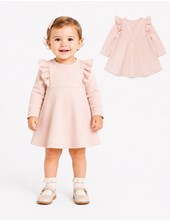 VESTIDO PARA BEBA MANGA LARGA EN CREP SALMON CON VOLADO EN HOMBROS. LABENDEL
