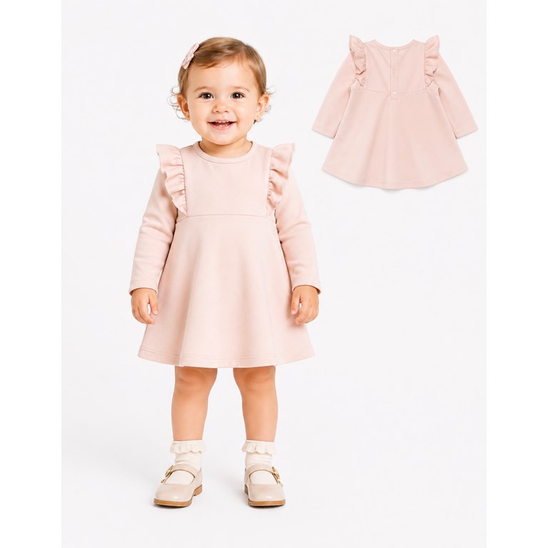 VESTIDO PARA BEBA MANGA LARGA EN CREP SALMON CON VOLADO EN HOMBROS. LABENDEL