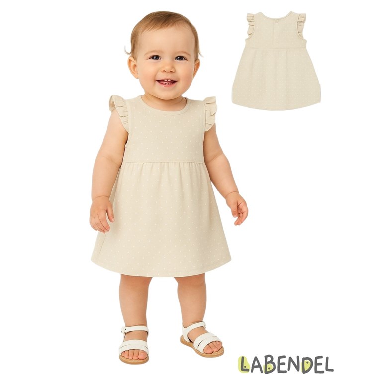 Vestido de jersey beige con pintitas blancas con volados.TYG
