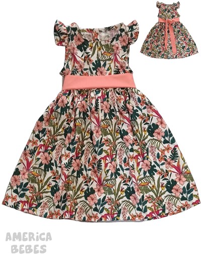 A203 VESTIDO PARA NENA EN FIBRANA CON VOLADOS ESTAMPADO FLORES CON  CINTA CORAL. LABENDEL