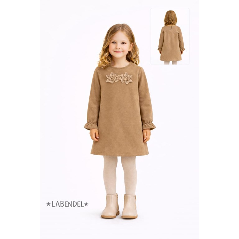 Vestido tostado con  flores en montaine para nena .Labendel
