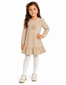 Vestido beige con puntilla y 1 flor para nena.Labendel