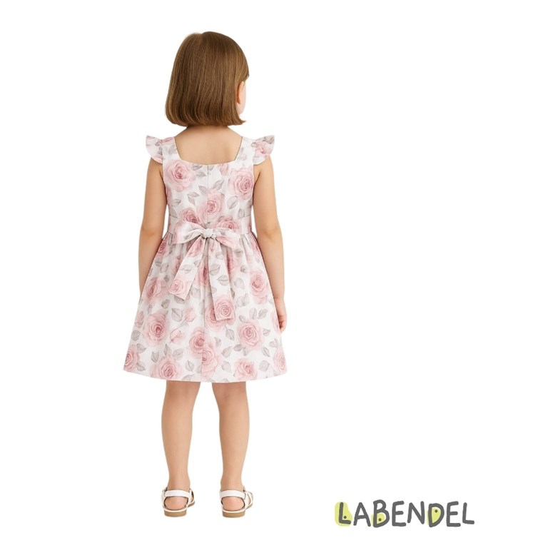 Vestido de poplin crudo con flores rosas para nena.Labendel