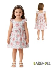 Vestido de poplin crudo con flores rosas para nena.Labendel