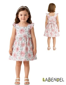 Vestido de poplin crudo con flores rosas para nena.Labendel
