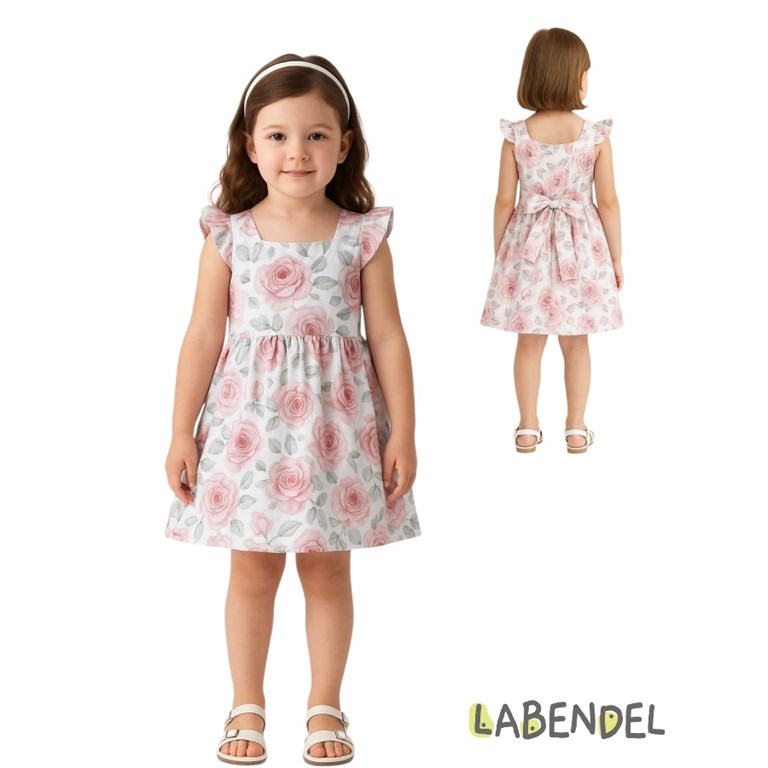 Vestido de poplin crudo con flores rosas para nena.Labendel