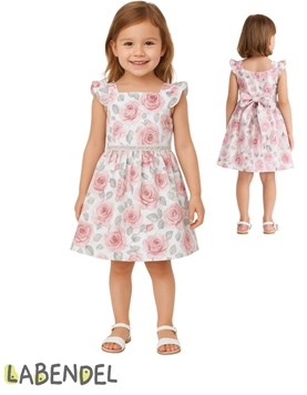 Vestido de poplin con puntillas en crudo y rosa para nena.Labendel