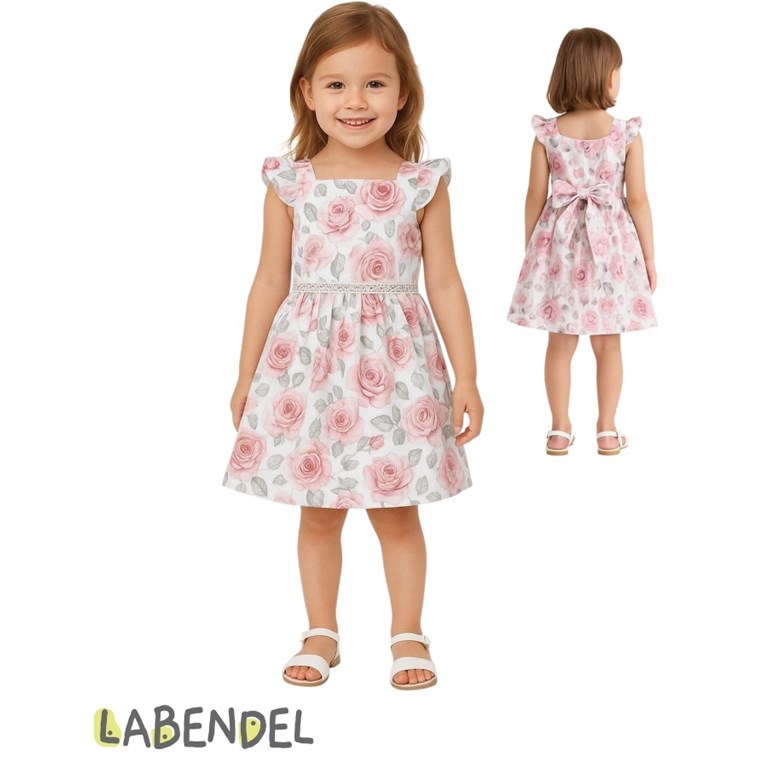 Vestido de poplin con puntillas en crudo y rosa para nena.Labendel