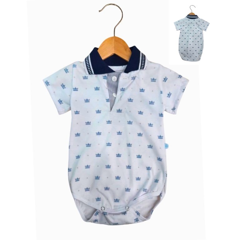 body chomba para bebe estampado coronas con fondo blanco y cuello azul tyg