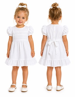 VESTIDO PARA BEBA BLANCO EN CREP CON ALFORZAS Y PUNTILLA. LABENDEL