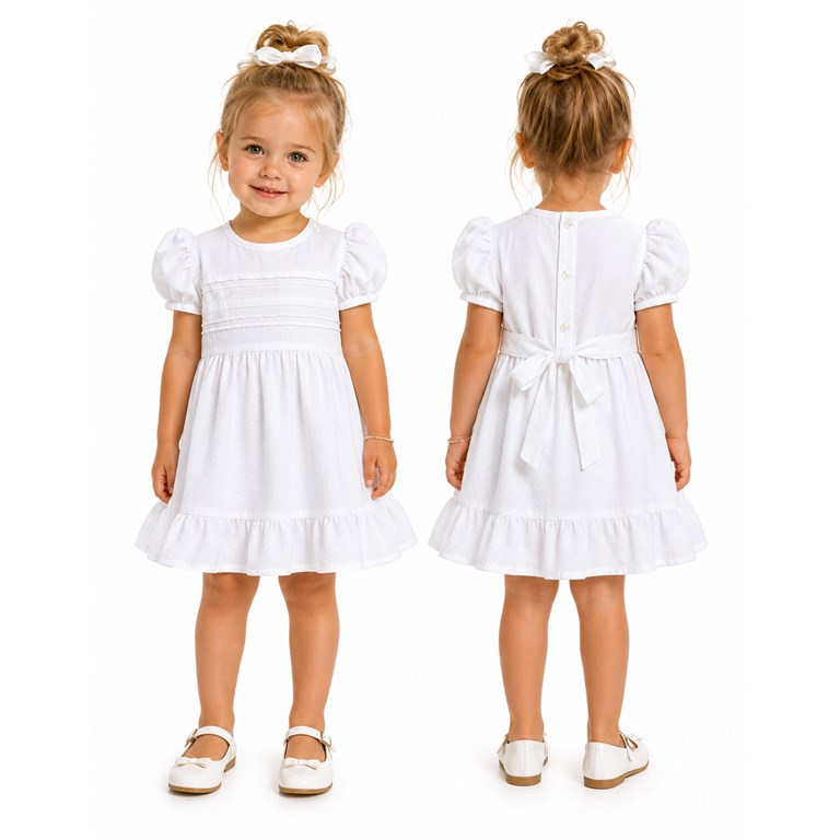 VESTIDO PARA BEBA BLANCO EN CREP CON ALFORZAS Y PUNTILLA. LABENDEL