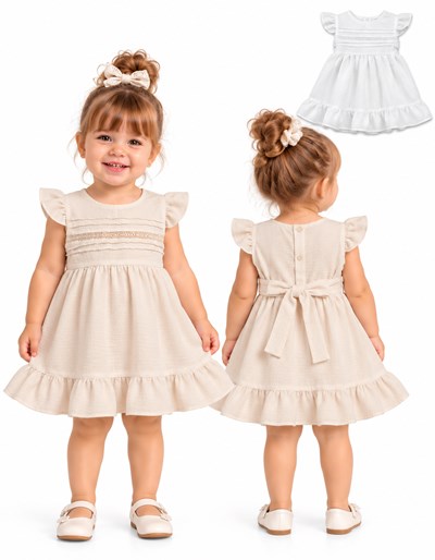 VESTIDO PARA BEBA BLANCO EN CREP CON ALFORZAS Y PUNTILLA. LABENDEL