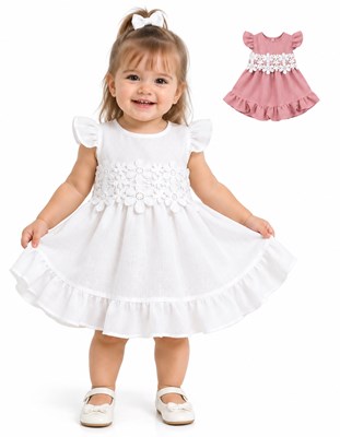 VESTIDO PARA BEBA DE LINO CON PECHERA DE GIUPIURE. LABENDEL