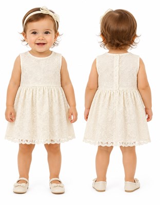 VESTIDO PARA BEBA DE ENCAJE EN COLOR CRUDO SIN MANGA.. LABENDEL