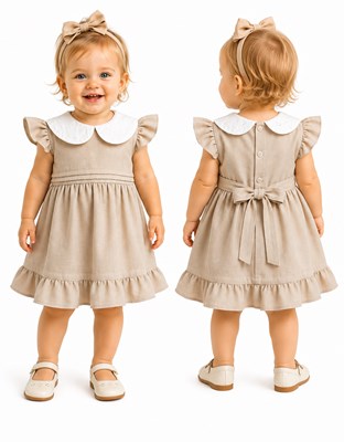 VESTIDO BEBA DE LINO BEIGE CON TABLITAS Y CUELLO DE BRODERY. LABENDEL