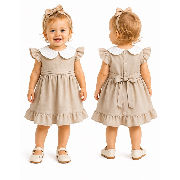 VESTIDO BEBA DE LINO BEIGE CON TABLITAS Y CUELLO DE BRODERY. LABENDEL
