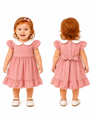 VESTIDO BEBA DE LINO CON TABLITAS Y CUELLO DE BRODERY EN ROSA. LABENDEL
