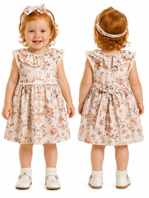 VESTIDO PARA BEBA DE POPLIN CON CUELLO CON VOLADOS FLOREADO. LABENDEL