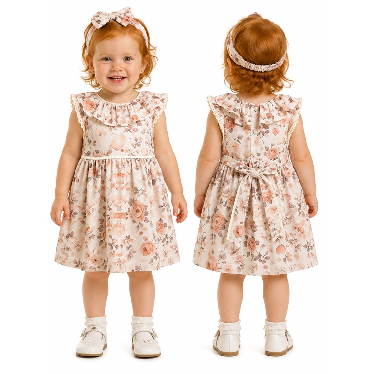 VESTIDO PARA BEBA DE POPLIN CON CUELLO CON VOLADOS FLOREADO. LABENDEL