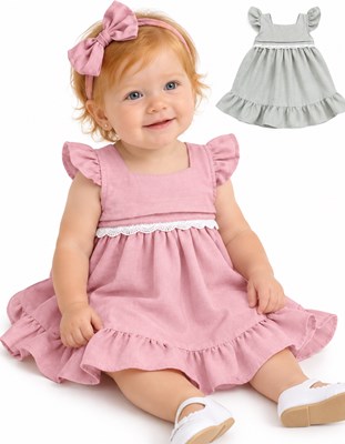 VESTIDO BEBA EN LINO ESCOTE CUADRADO PECHERA ALFORZADA CON PUNTILLA. LABENDEL