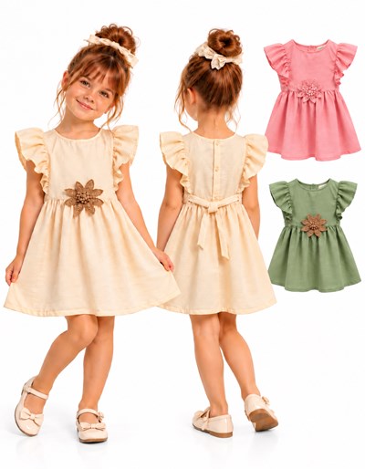 VESTIDO PARA NENA, DE LINO CON VOLADOS EN LA PECHERA COLOR VAINILLA. LABENDEL