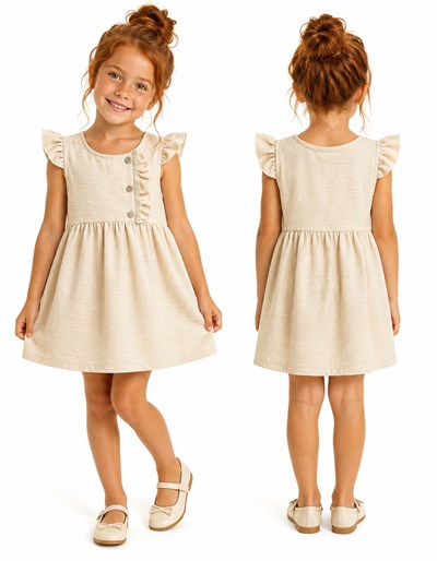 VESTIDO NENA DE LINO PRENDIDO ADELANTE CON VOLADO COLOR VAINILLA. LABENDEL