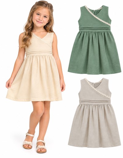 VESTIDO NENA DE LINO PECHERA CRUZADA CON TABLITAS Y PUNTILLA. LABENDEL