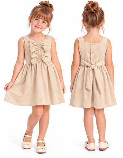 VESTIDO NENA EN TWIL  CON VOLADOS Y PUNTILLA. LABENDEL