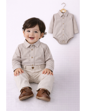 Body camisa rayada poplin beige para bebe. Labendel