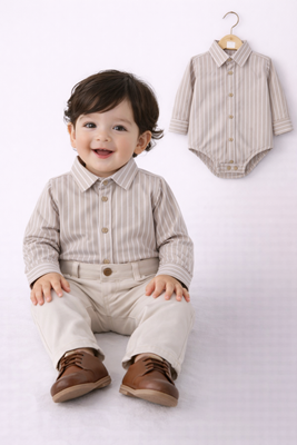 Body camisa rayada poplin beige para bebe. Labendel