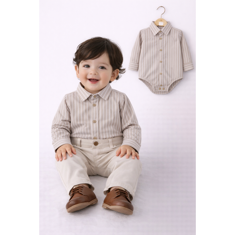 Body camisa rayada poplin beige para bebe. Labendel