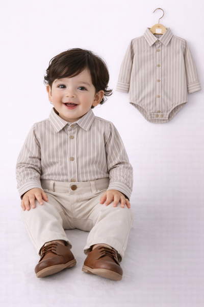Body camisa rayada poplin beige para bebe. Labendel