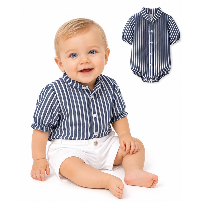 BODY CAMISA MANGA CORTA CUELLO MAO LINO RAYADO. LABENDEL