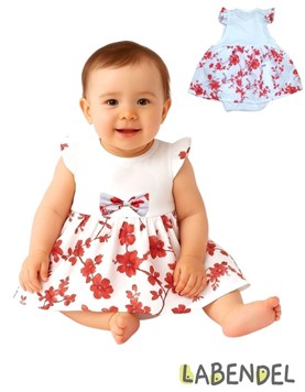 Body vestido para beba blanco con flores rojas .Labendel