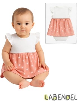 Body vestido manga corta color rosa con flores blancas para beba.Labendel