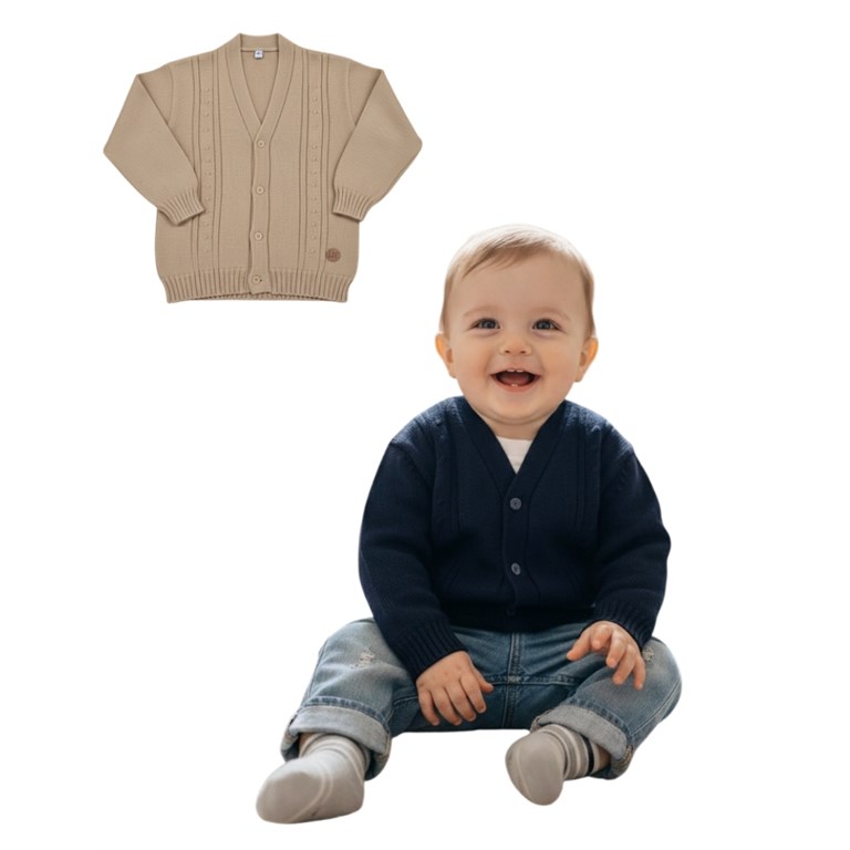Cardigan bebe tejido c/torzadas. Colores: Beige-Azul-Negro. CEO. - Ahora tambien talles de niño: (6/8/10/12)