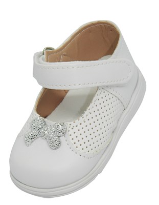 A312  BLANCO ZAPATO BEBE CON APLIQUE DE MOÑO Y COSTADOS CALADOS PEPES BEBES