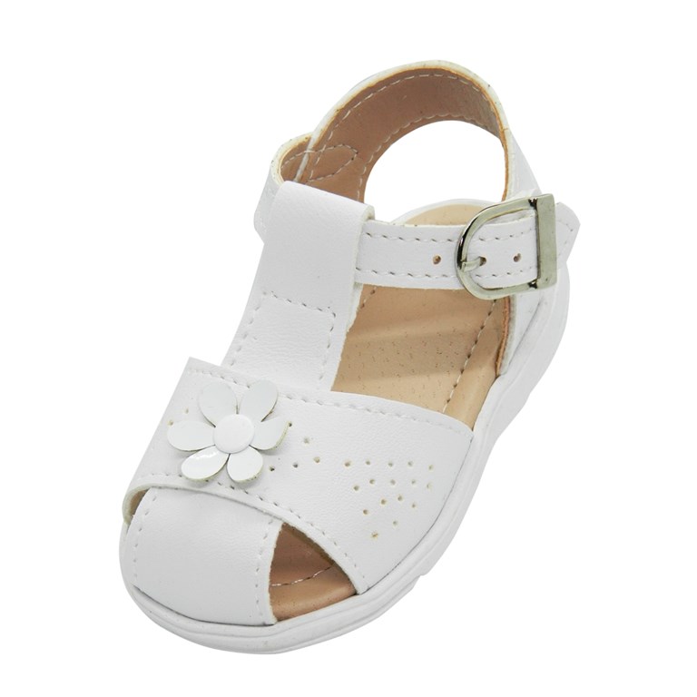 A523 BLANCO SANDALIA PARA BEBA CON HEBILLA Y APLIQUE FLOR. PEPES BEBES