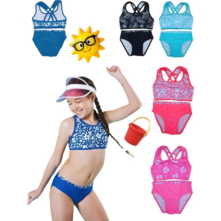 Bikini monocolor con top estampado y bombacha lisa uv+50.Elemento