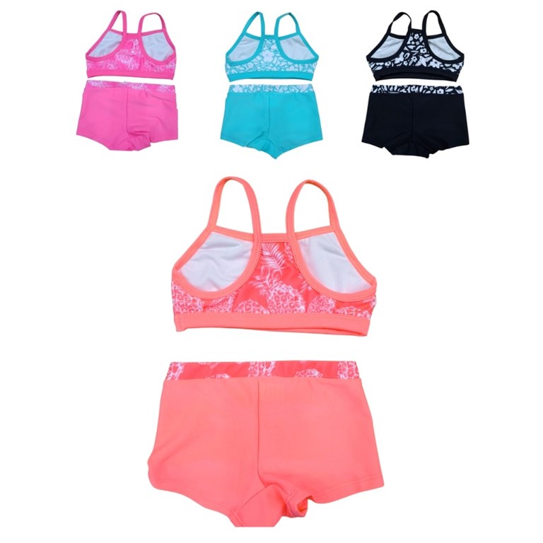 Bikini monocolor top clasico estampado mas minishort liso uv+50.Elemento