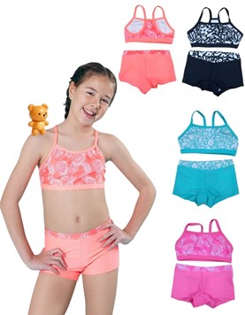 Bikini monocolor top clasico estampado mas minishort liso uv+50.Elemento