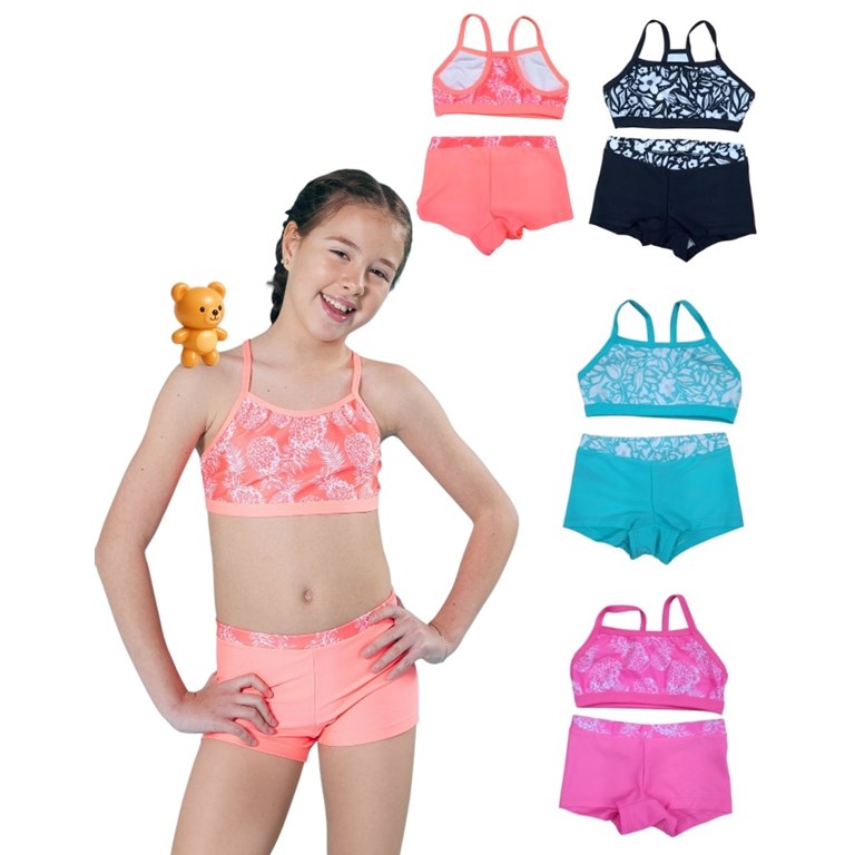 Bikini monocolor top clasico estampado mas minishort liso uv+50.Elemento
