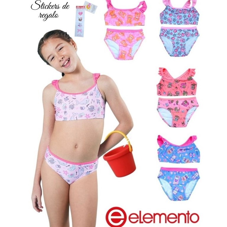 Bikini romantica con breteles y volados lisos combinados uv+50.Elemento