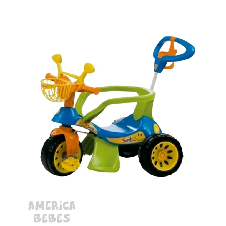 Triciclo Super Cross con barral de empuje. Pedales desmontables.  Edad: 2 a 3 años. Color Azul. Biemme.