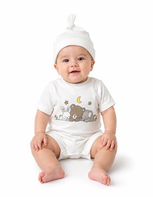 SET EN CAJA: ENTERITO M/C ESTAMPADO + GORRO ALGODON. BABY CHEITO